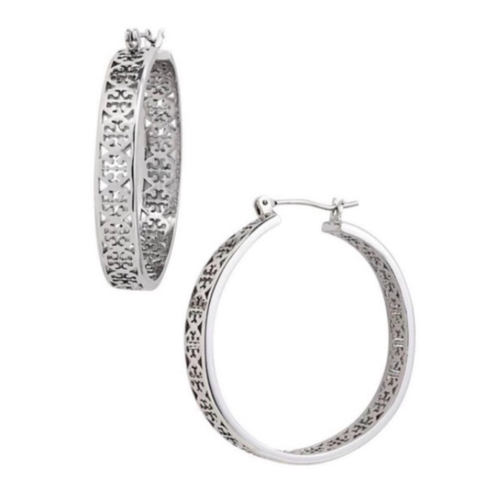 Tory Burch Large Silver Kinsley Hoop Earrings NWT‎